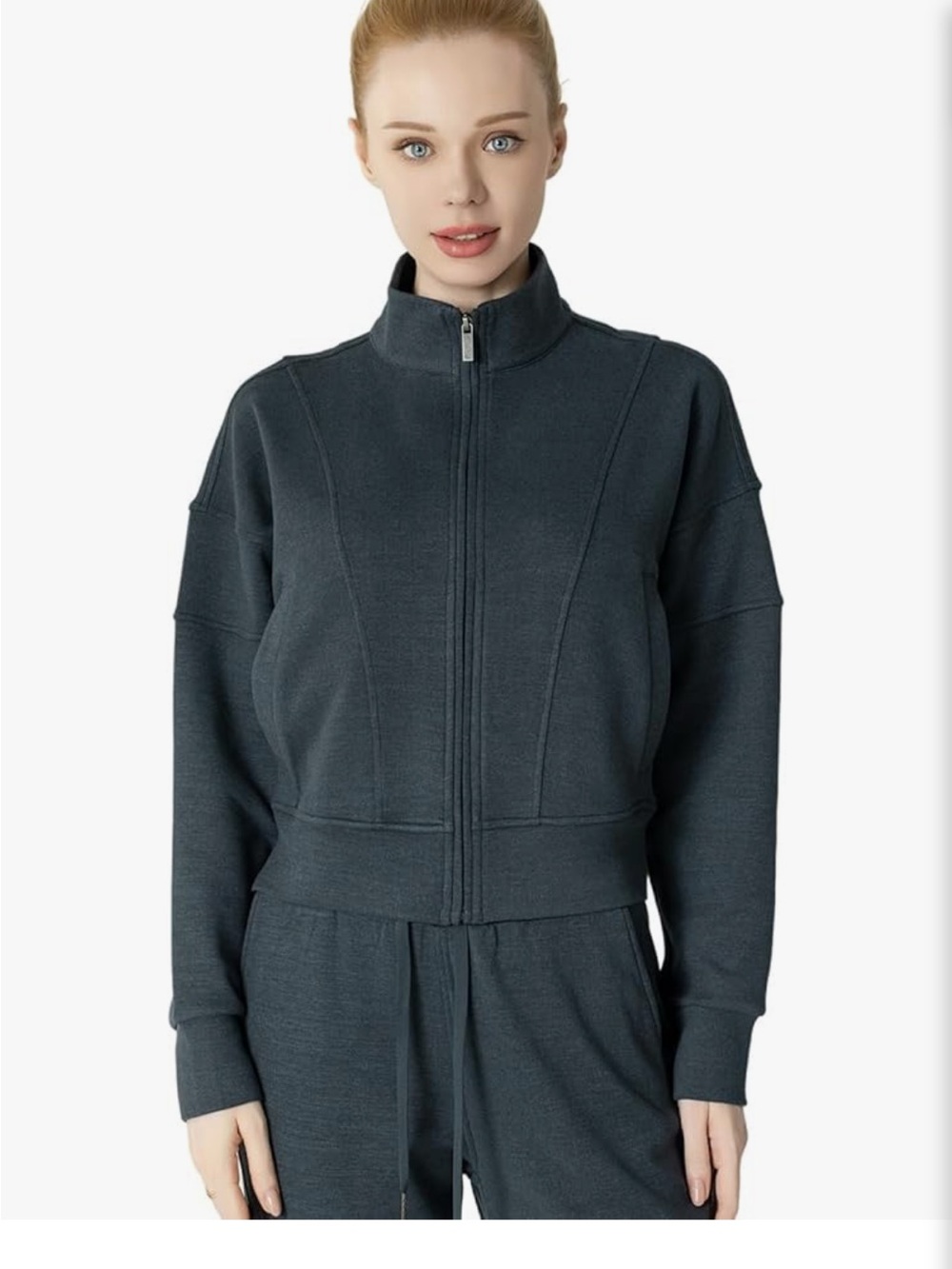 Womens Mock Neck Zip-Front Jacket in Charcoal